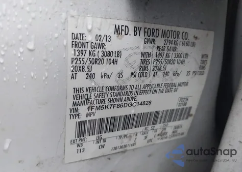 2013 Ford Explorer Limited z USA, uszkodzony, nr VIN 1FM5K7F86DGC14828